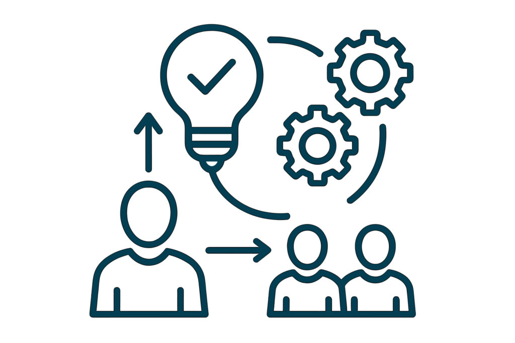 Teamwork and process realization concept. Interconnections in a business workflow. Idea generation, innovation, and knowledge transfer for corporate strategy. Vector icon.