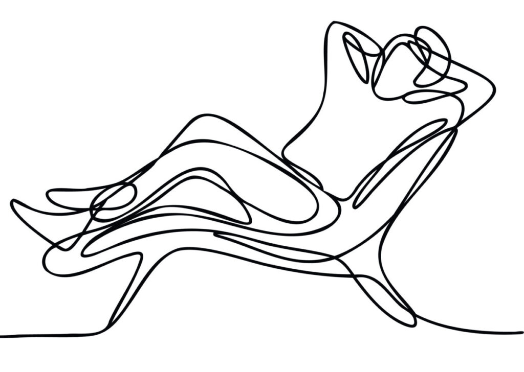 Continuous line drawing of a person relaxing comfortably in a modern lounge chair, ideal for conveying a sense of leisure, comfort, and minimalism in contemporary graphic projects and